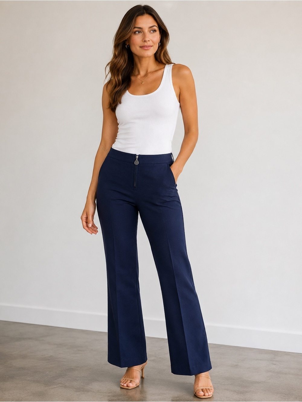 Tory Burch Women’s Front Zip Wide Leg Bootcut Trousers Navy Blue 0 Career Pants